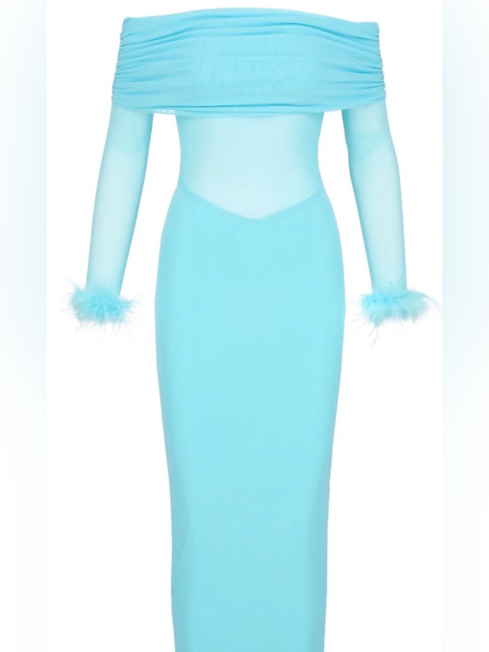 Light Blue Off-Shoulder Feather Cuff Maxi Dress - Picture 6 of 7